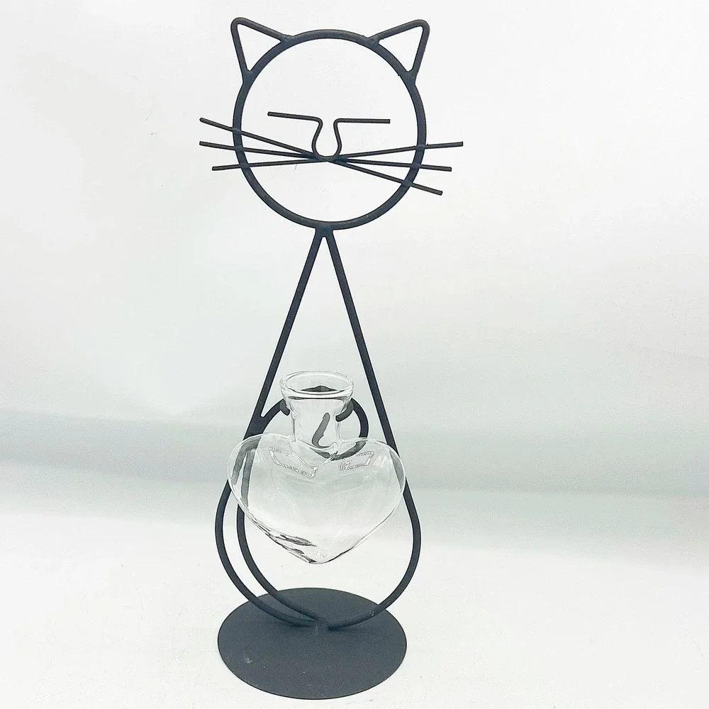 Black Metal Cat Holding Heart‎ Shaped Small Bud Vase